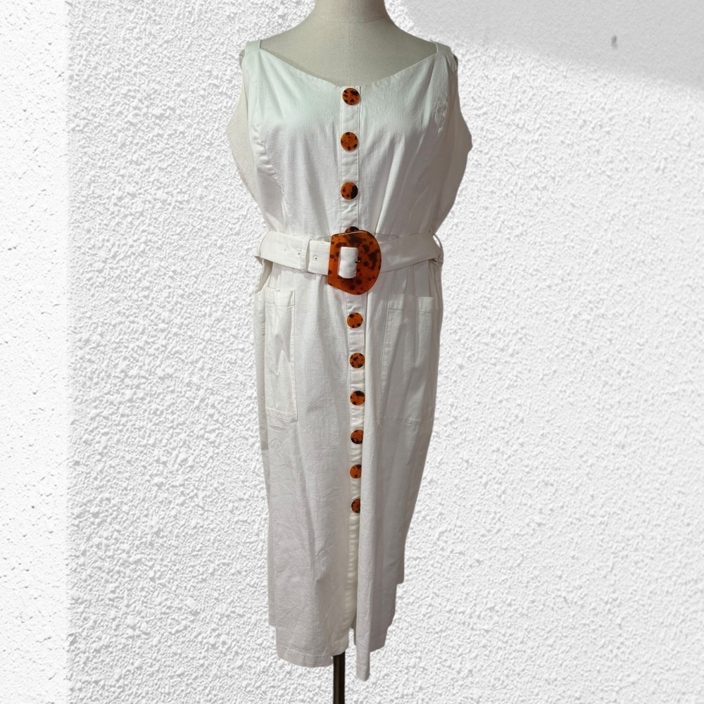 Eloquii White Midi Dress with Tortoiseshell Buttons and Belt - Picture 3 of 13